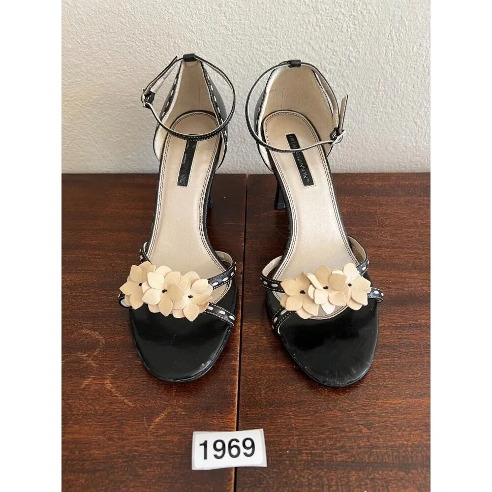 Hillard & Hanson Fiona Heels Women's US 10 Black Tan Flower Leather Ankle Straps - Picture 2 of 8